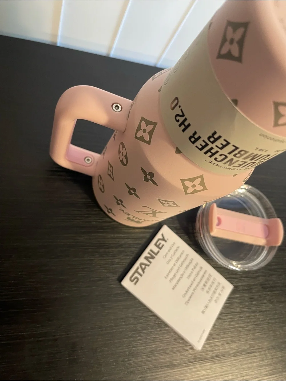 Custom Stanley Soft Pink Travel Tumbler with Gold Accents